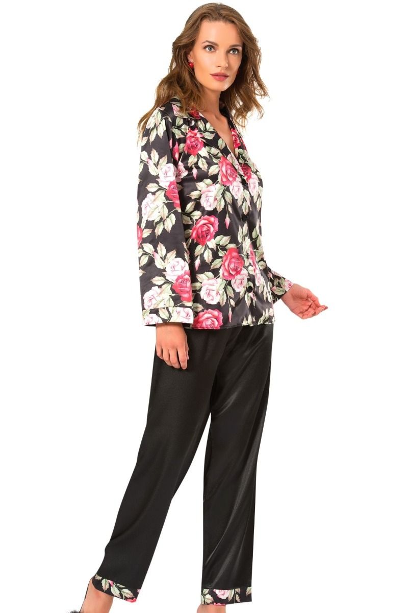 Πιτζάμα Σατέν Moongirl ANNA φλοραλ μακρυμανικη διχρωμη με γιακα