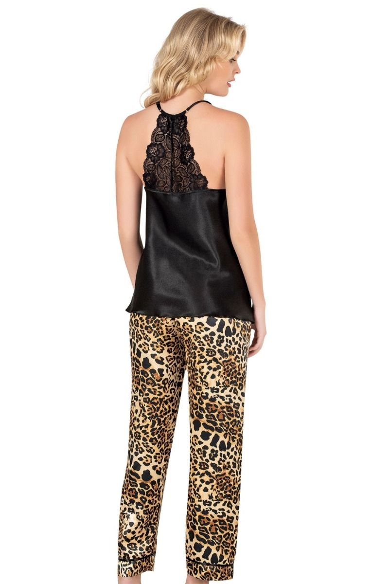 Γυναικεία σατέν πιτζάμα OLIVIA τιραντακι μαυρη λεοπαρ δαντελα