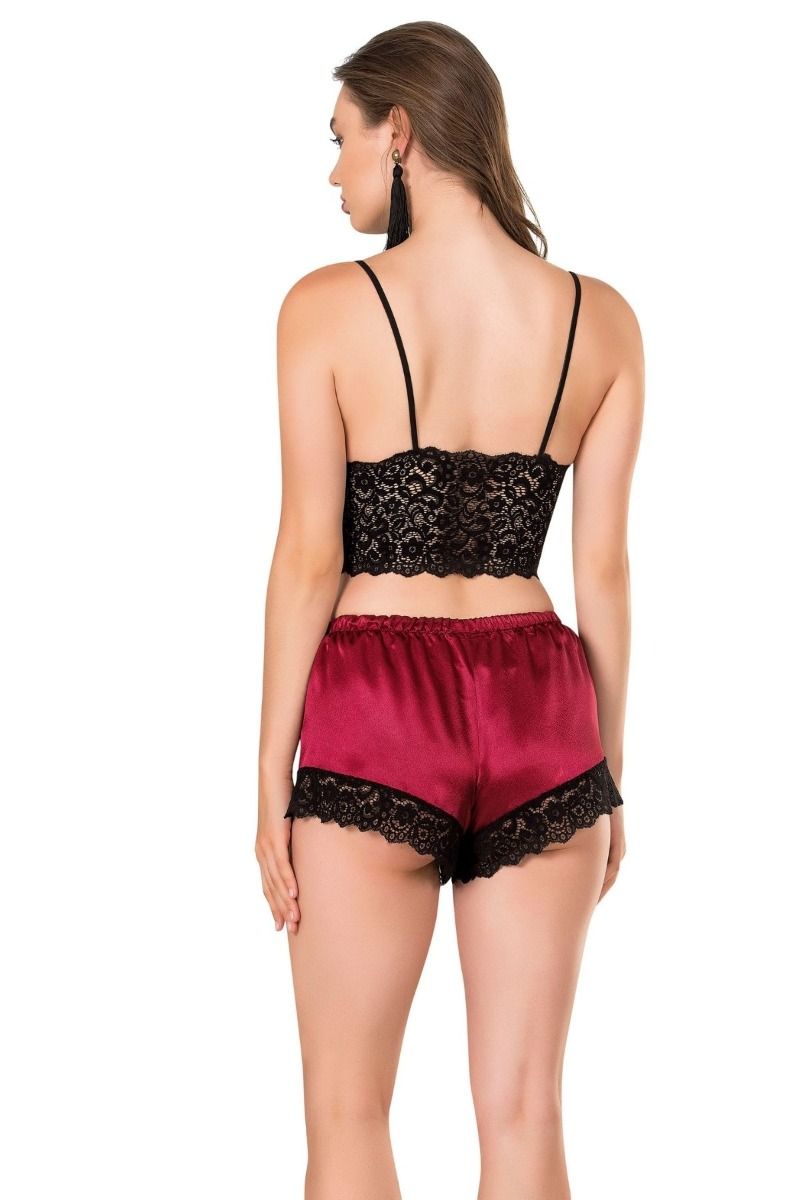 Γυναικεία σατέν πιτζάμα με σορτσάκι Moongirl SARA μπραλετ μαυρο τοπακι
