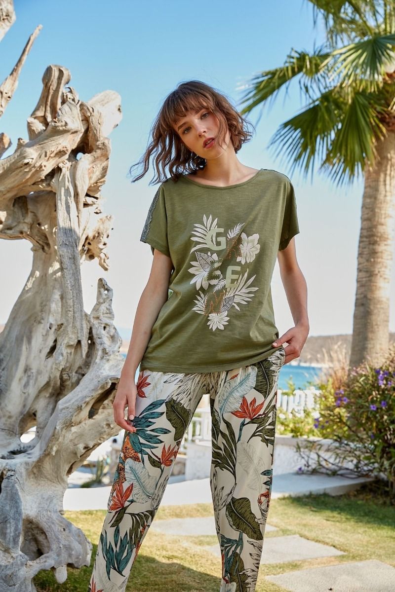 Γυναικείo καλοκαιρινο Σετ βαμβακερο μονταλ φλοραλ κοντομανικο μακρυ παντελονι