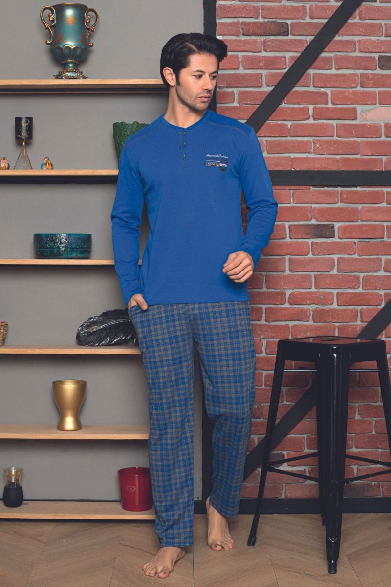 Ανδρική πιτζάμα χειμωνιάτικη καρό βαμβακερή σκούρο γκρι