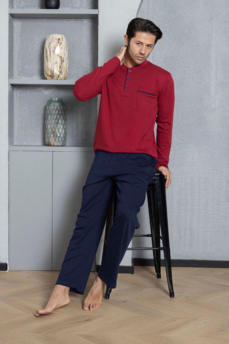 Ανδρική πιτζάμα χειμωνιάτικη μαύρο με σκούρο πράσινο κουμπάκια και τσέπες