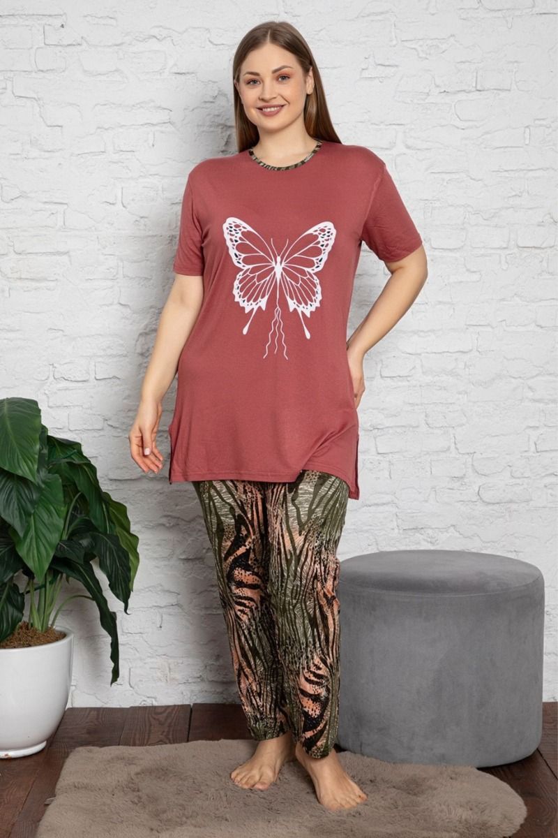 Γυναικεία πιτζάμα plus size κοντομάνικη βισκόζη σάπιο μήλο