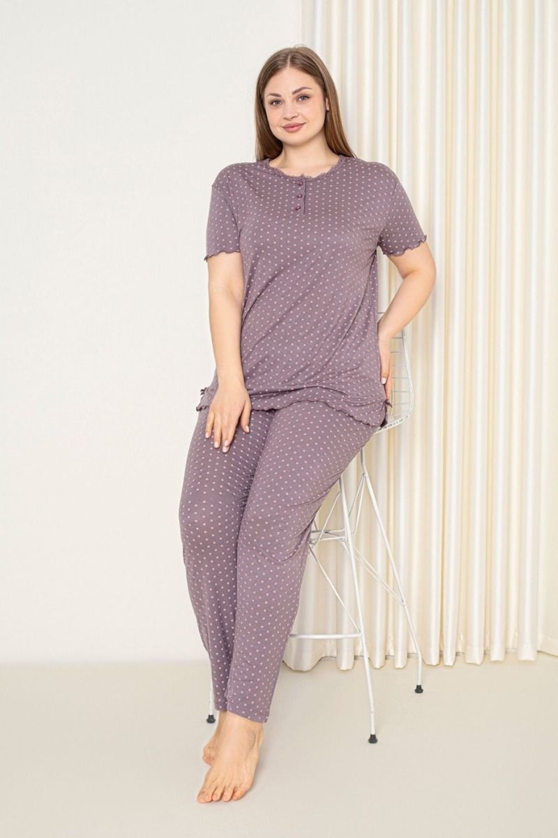 Γυναικεία καλοκαιρινή πιτζάμα plus size κοντομάνικη πουά βισκόζη