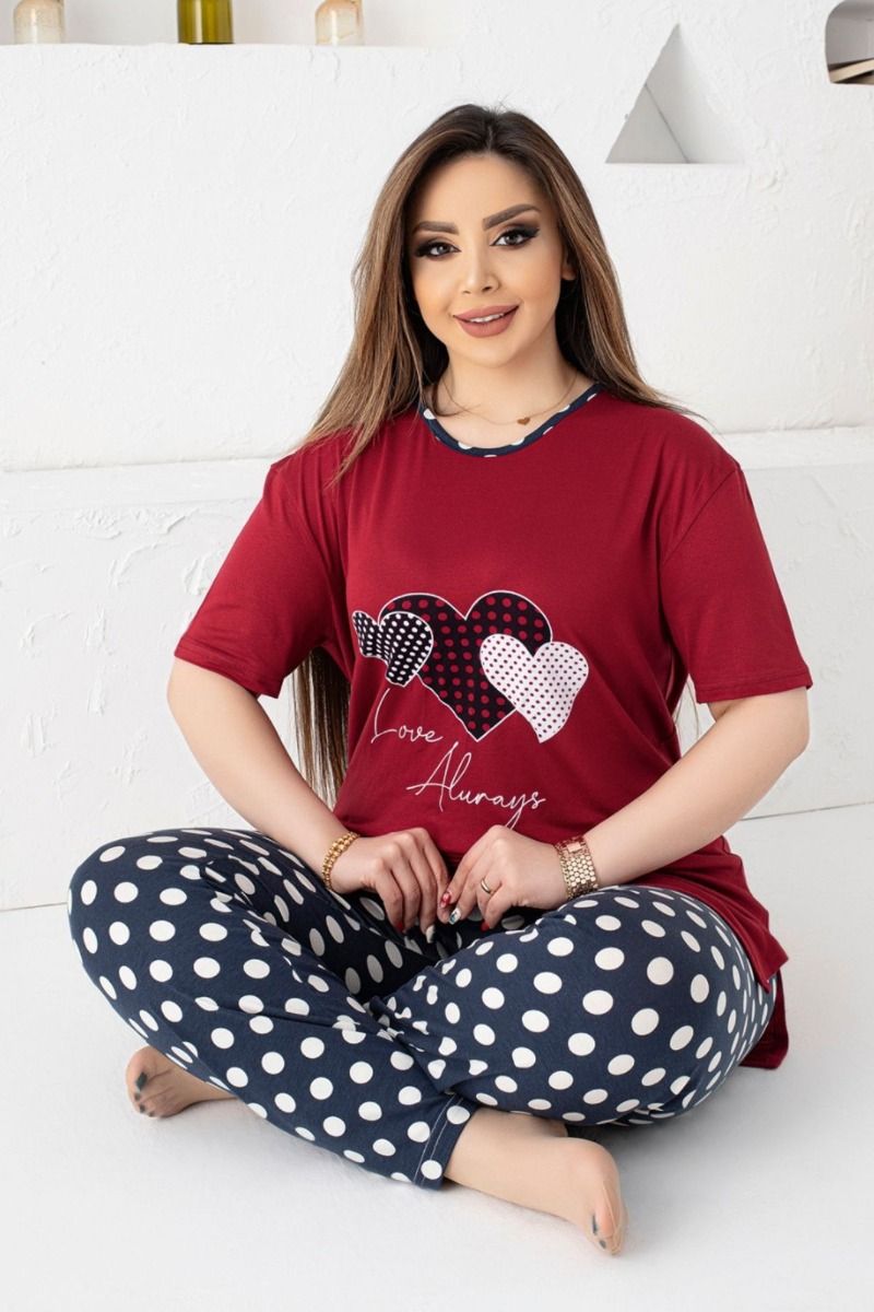 Γυναικεία πιτζάμα plus size κοντομάνικη μακρυά μπλούζα μπορντό