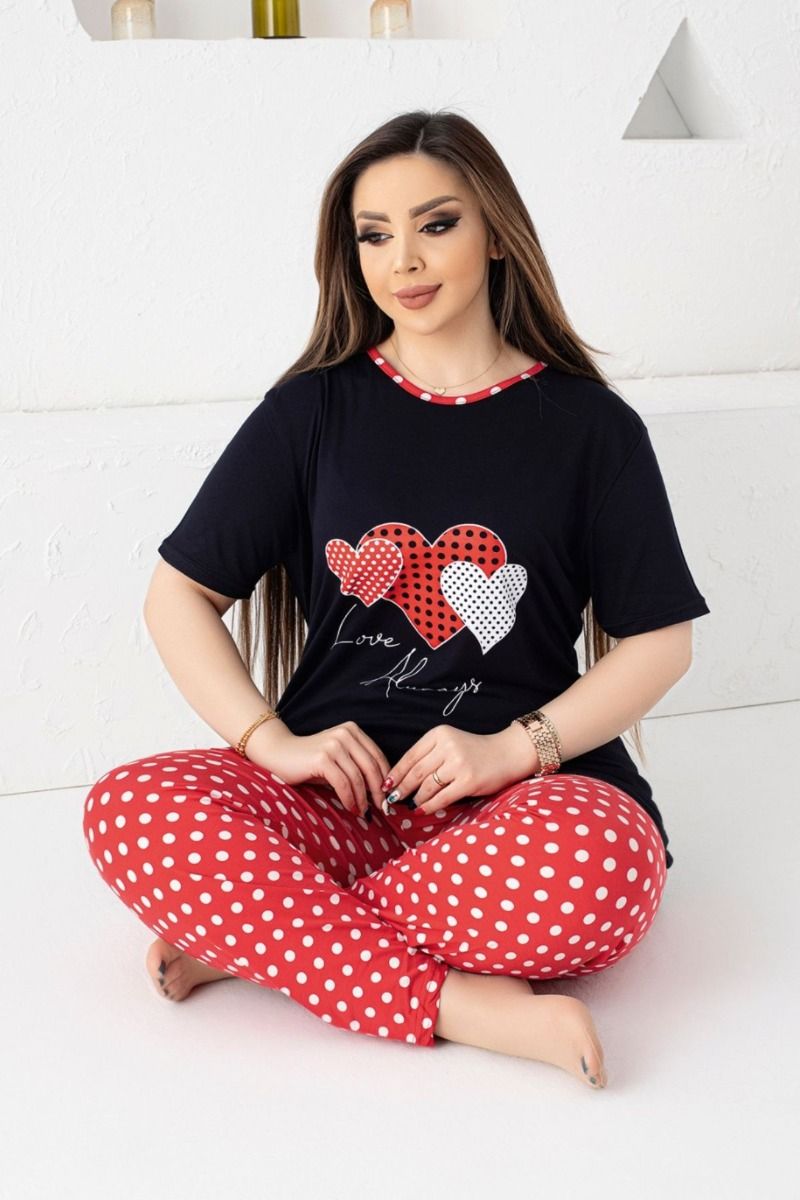 Γυναικεία πιτζάμα plus size κοντομάνικη βισκόζη μαύρο κόκκινο