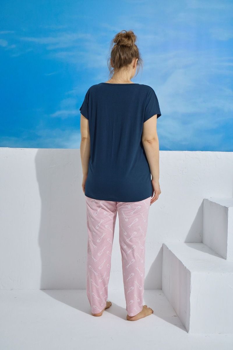 Γυναικεία πιτζάμα plus size σκούρο μπλε ροζ χρώμα σούσι