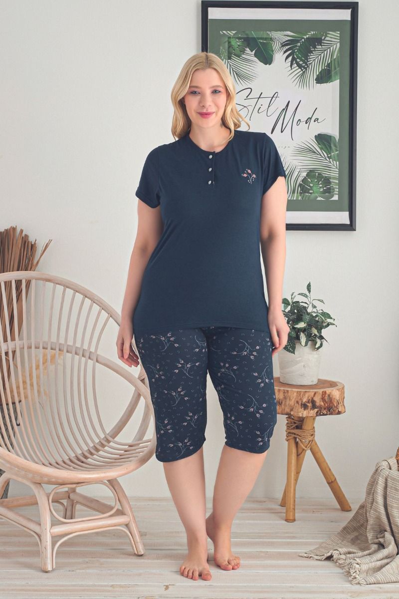 Γυναικεία πιτζάμα plus size κοντομάνικη καλόκαιρινή κάπρι σκούρο μπλε