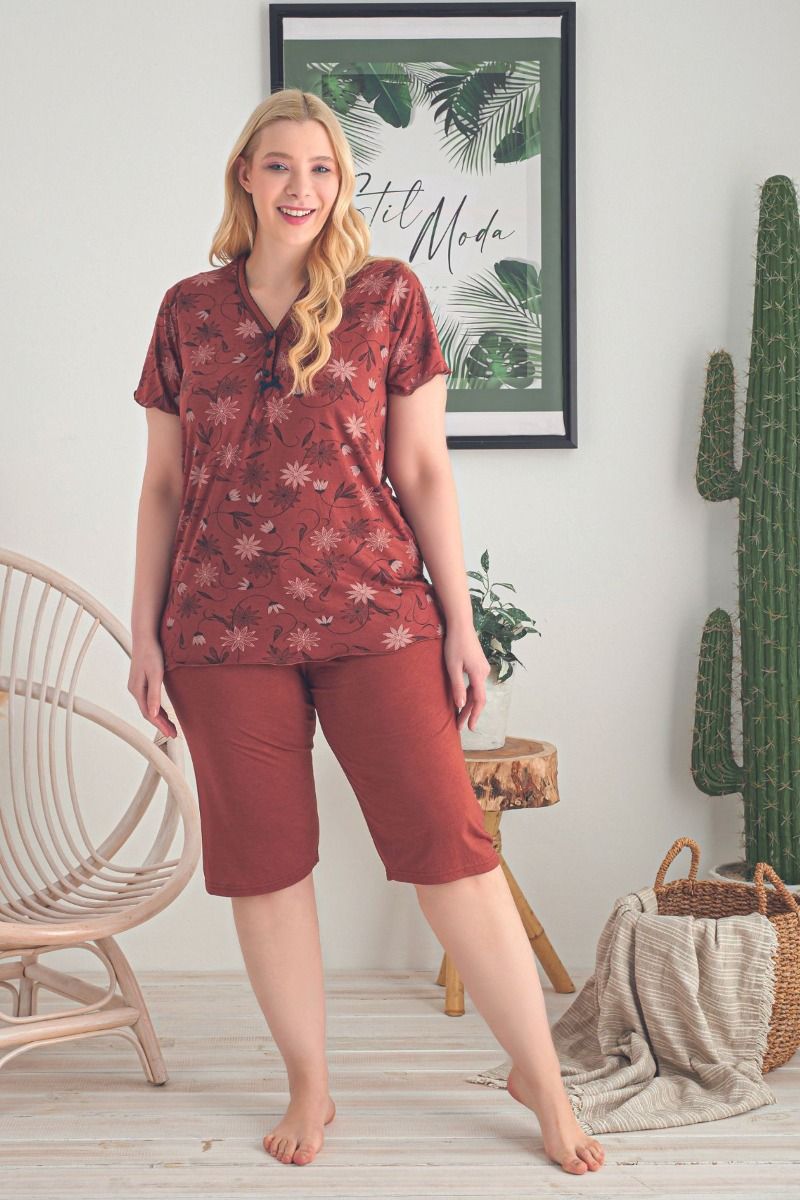 Γυναικεία πιτζάμα plus size καλοκακινή κοντομάνικη κάπρι κεραμιδί