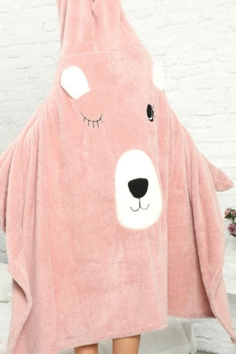 Γυναικείο Ροζ Πόντσο με κουκουλα ροζ και σχεδιο