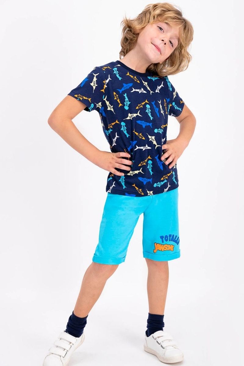 Καλοκαιρινή αγορίστικη παιδική πιτζάμα με σχέδιο καρχαρία βαμβακερή