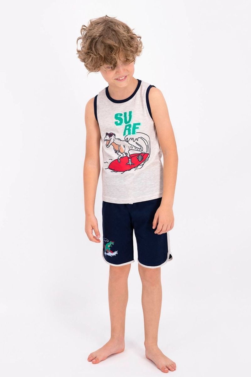 Καλοκαιρινή αγορίστικη παιδική πιτζάμα σχέδιο surfing και δεινόσαυρο βαμβακερή
