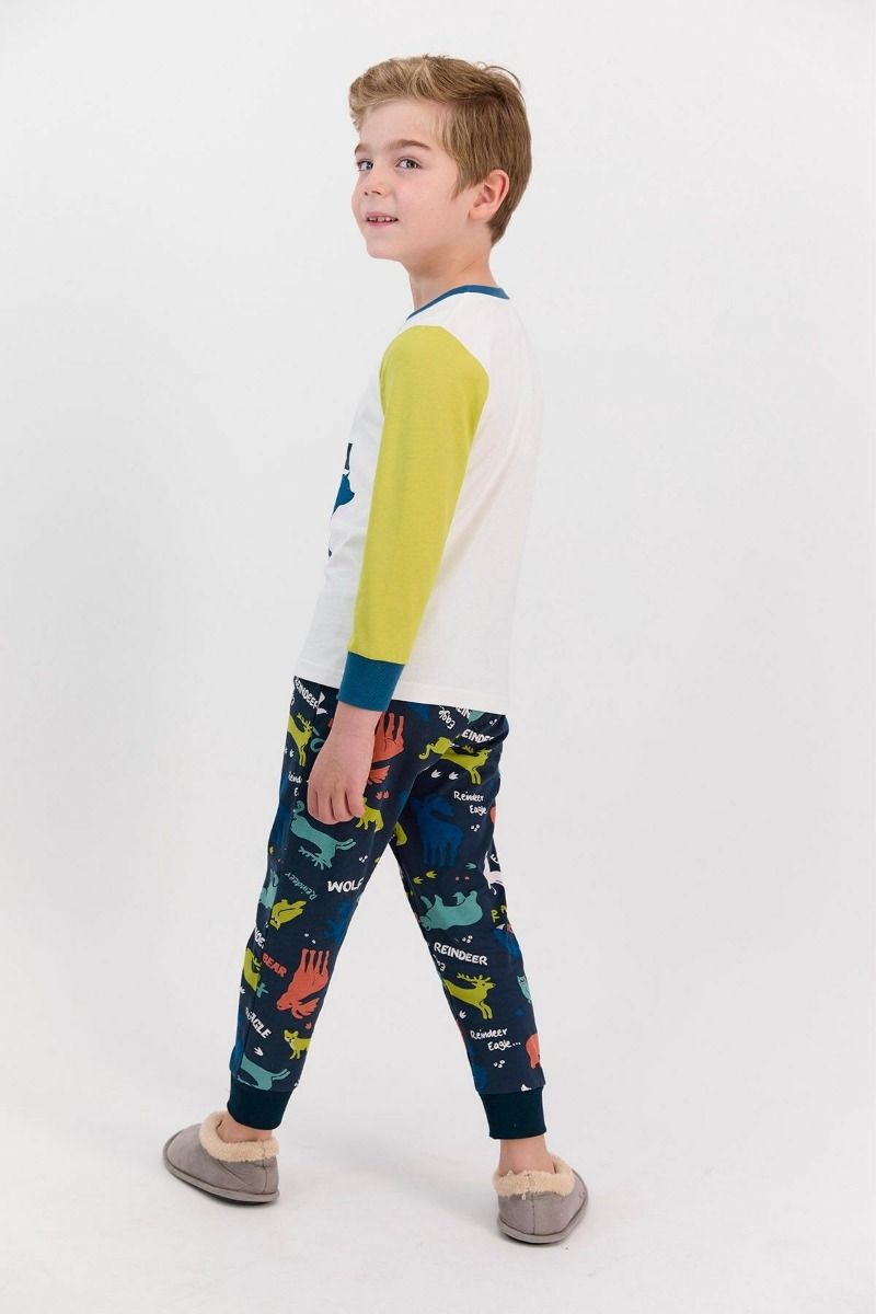 Αγορίστικη παιδική χειμωνιάτικη πιτζάμα βαμβακερή πολύχρωμα ζωάκια σκούρο μπλε