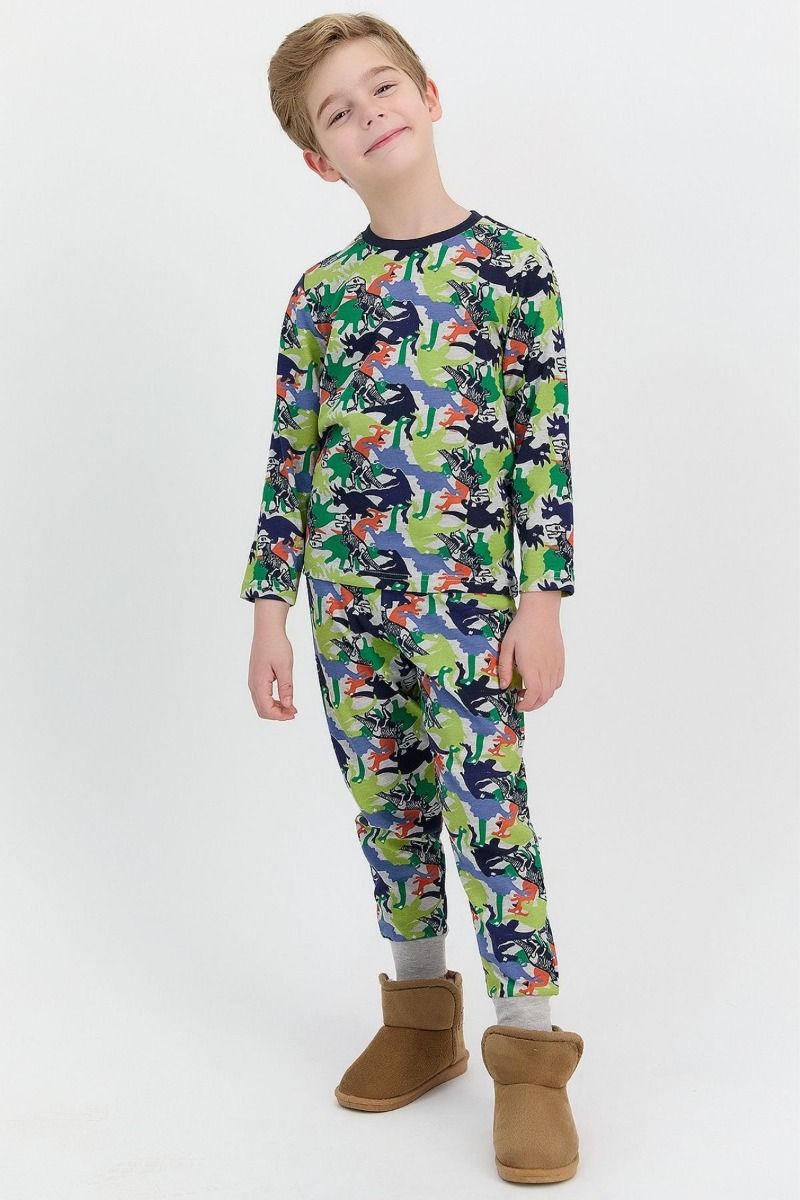 Αγορίστικη παιδική χειμωνιάτικη πιτζάμα ολόσωμη βαμβακερή πράσινη με δεινοσαύρους