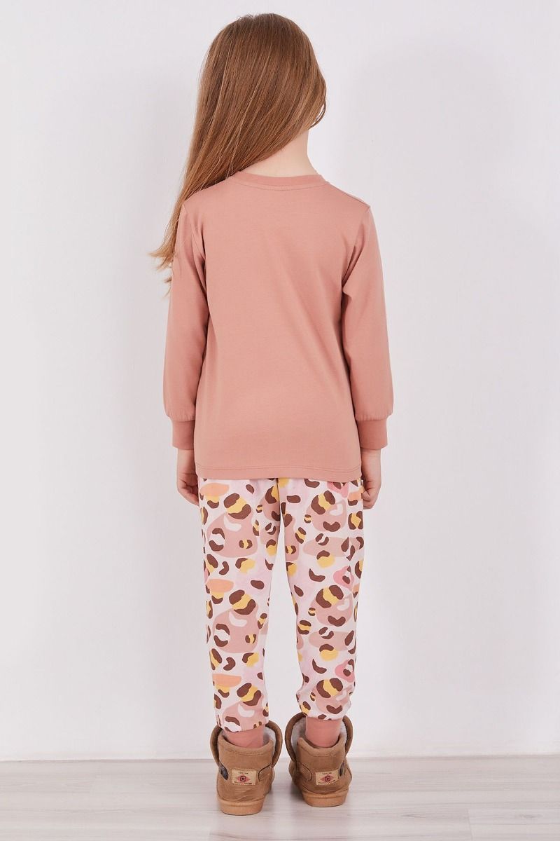 Κοριτσίστικη χειμωνιάτικη παιδική πιτζάμα βαμβακερή με animal print σομόν