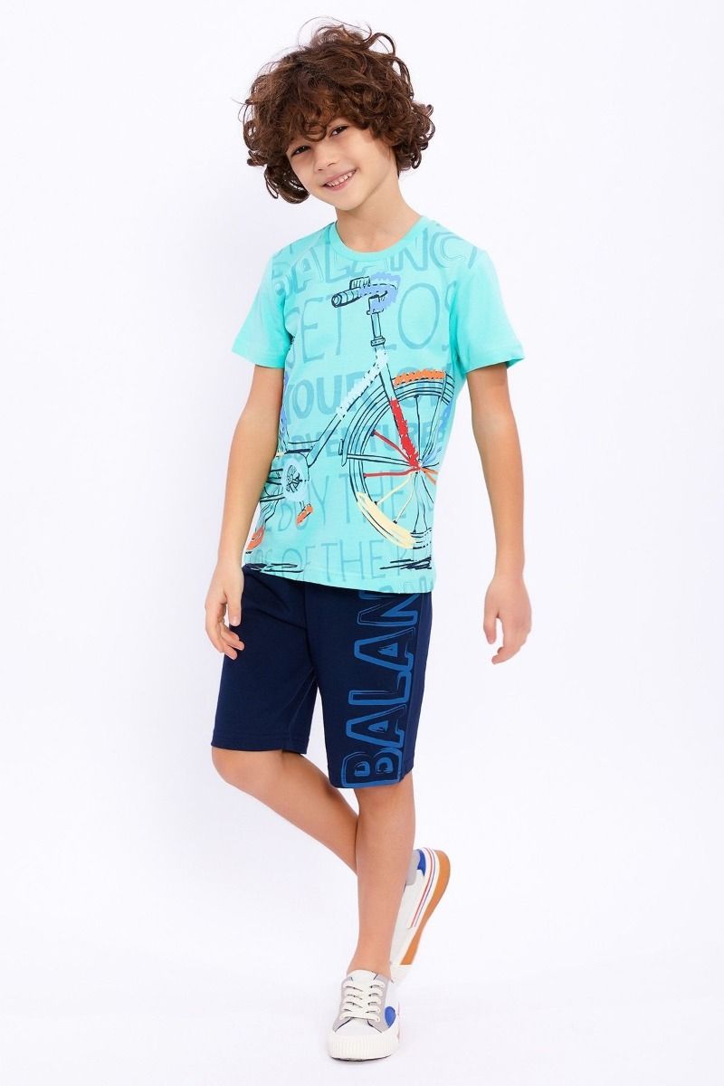 Παιδική φόρμα για αγόρι καλοκαιρινή βαμβακερή ποδήλατο τιρκουάζ
