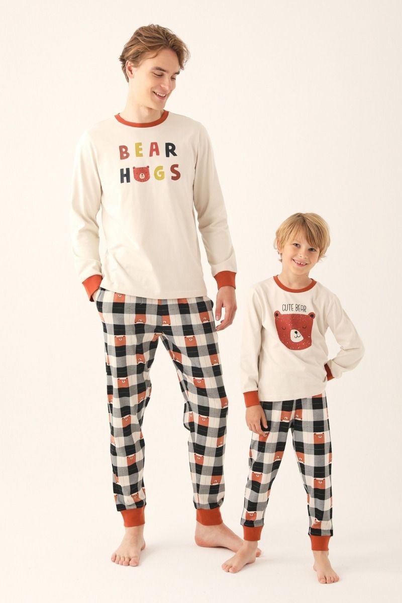 Αγορίστικη χειμωνιάτικη πιτζάμα καρό με αρκουδάκι βαμβακερή
