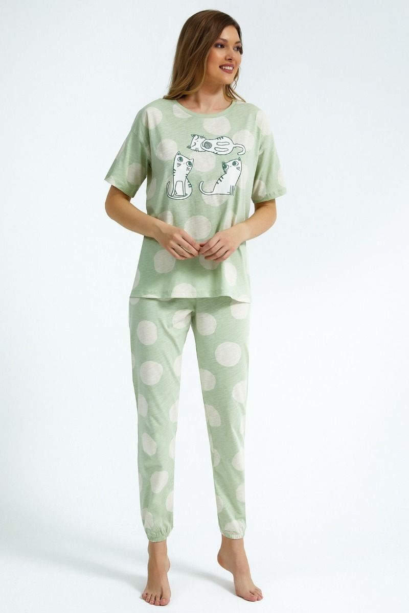 γυναικεία καλοκαιρινή πιτζάμα κοντομάνικη πουά γάτες βαμβακερή