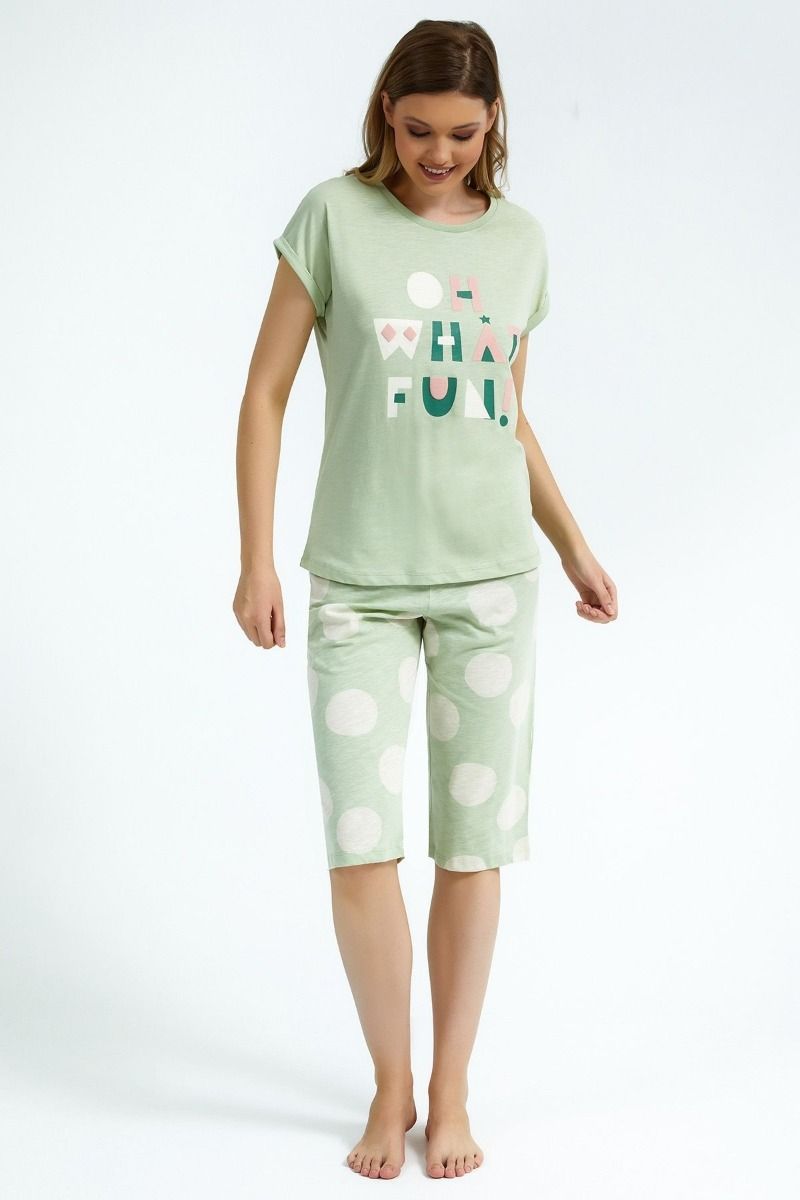 γυναικεία καλοκαιρινή πιτζάμα κοντομάνικη κάπρι πουά βαμβακερή ροζ