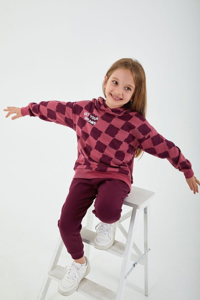 Παιδική κοριτσίστικη χειμωνιάτικη φόρμα καρό μπεζ κουκούλα