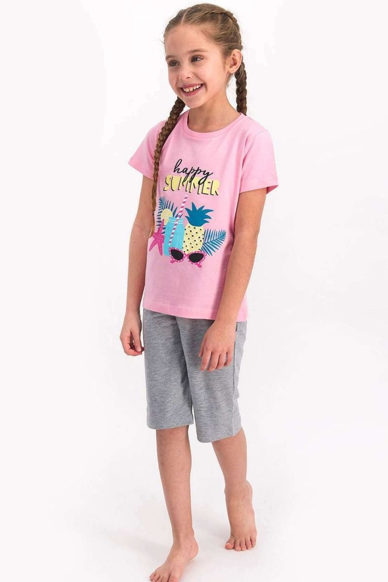 Καλοκαιρινή κοριτσίστικη παιδική πιτζάμα ροζ χρώμα με τροπικά σχέδια