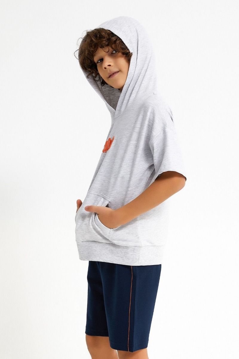 Παιδική φόρμα για αγόρι καλοκαιρινή βαμβακερή μπλε με κουκούλα