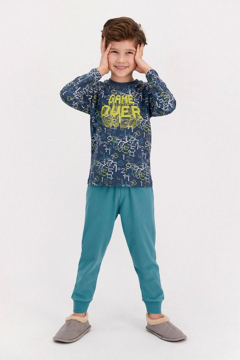 Αγορίστικη παιδική χειμωνιάτικη πιτζάμα βαμβακερή μπλε μπεζ με αριθμούς