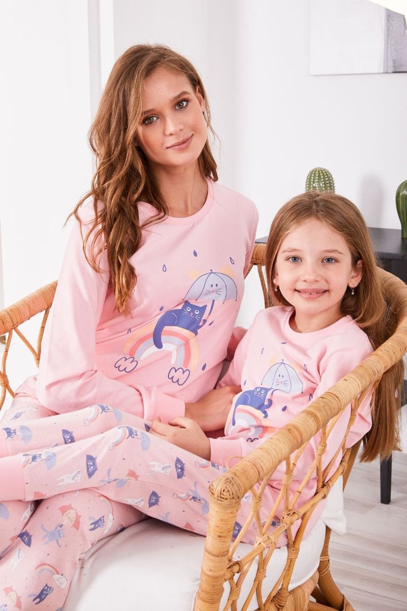 Κοριτσίστικη χειμωνιάτικη πιτζάμα βαμβακερή απαλό ροζ με σχέδιο γάτα
