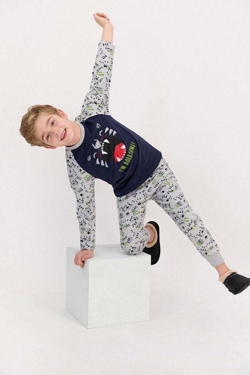 Αγορίστικη παιδική χειμωνιάτικη πιτζάμα βαμβακερή χακί με ζωάκι