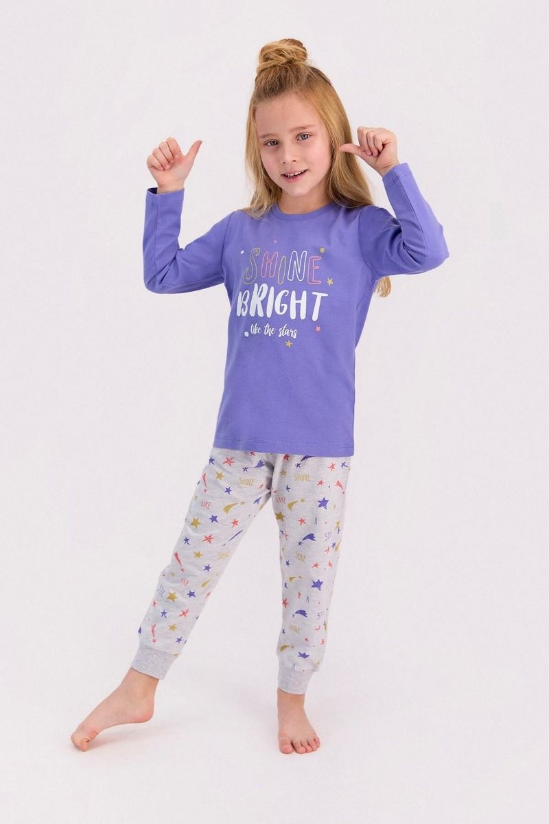 Χειμωνιάτικη παιδική πιτζάμα για κορίτσι με αστέρια ροζ μωβ