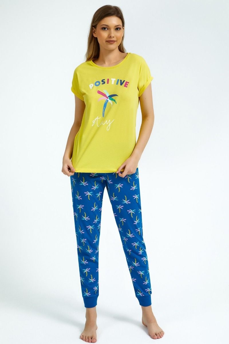 Γυναικεία πιτζάμα καλοκαιρινή κοντομάνικη μακρυμανικη βαμβακερή κίτρινη μπλε