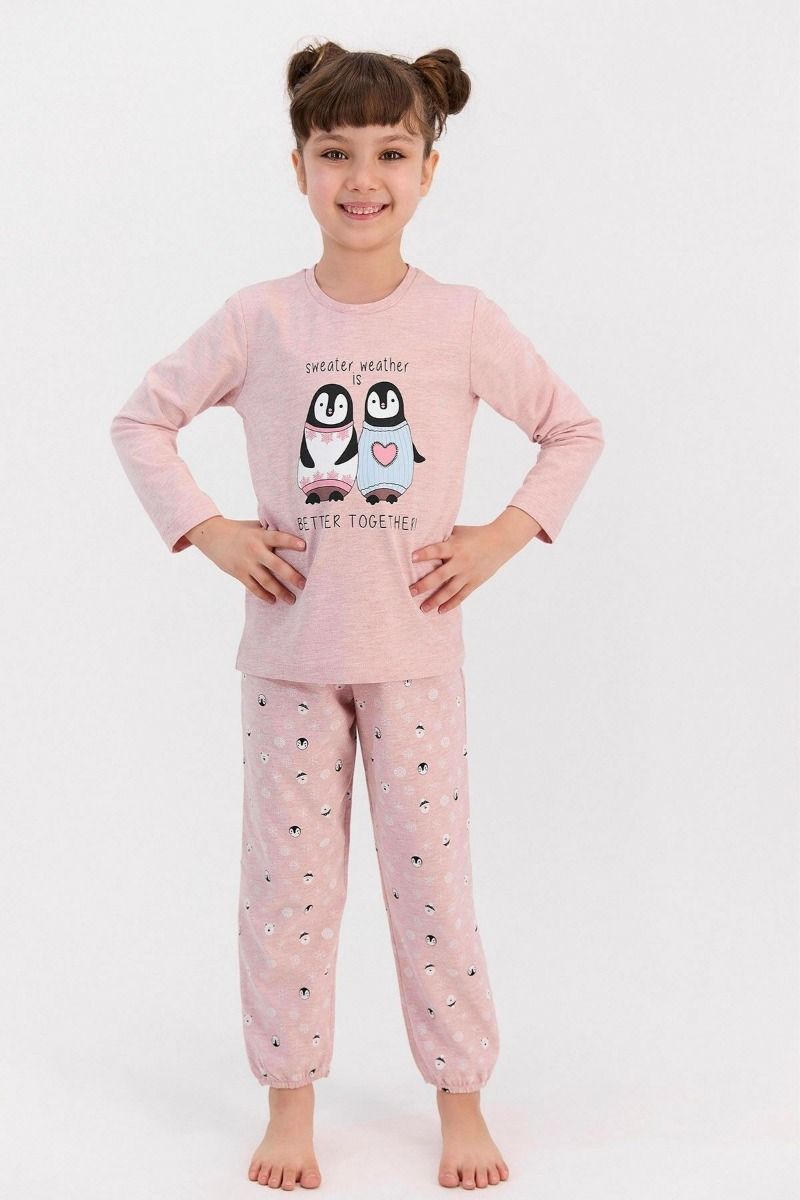 Χειμωνιάτικη πιτζάμα κοριτσίστικη βαμβακερή με πιγκουίνους λευκή γκρι