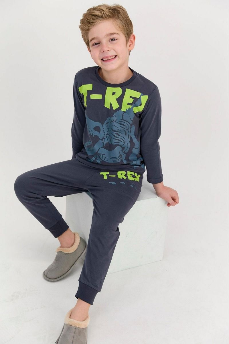 Αγορίστικη παιδική χειμωνιάτικη πιτζάμα βαμβακερή πράσινη με δεινοσαυράκι