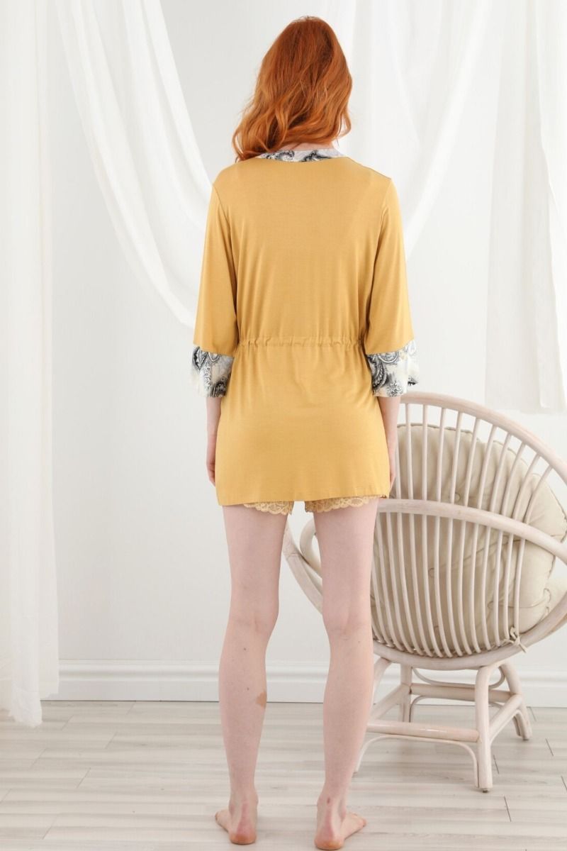 Γυναικεία καλοκαιρινή πιτζάμα σορτσάκι με ρόμπα με κίτρινη δαντέλα