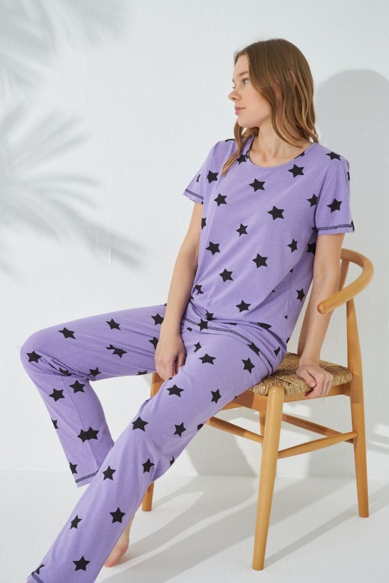 Γυναικεία πιτζάμα καλοκαιρινή κοντομάνικη βαμβακερή αστέρια ροζ