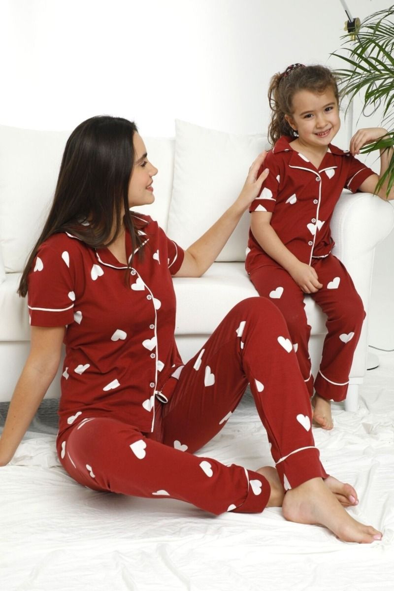 Καλοκαιρινή πιτζάμα μαμά και κόρη με κουμπάκια βουργουνδί