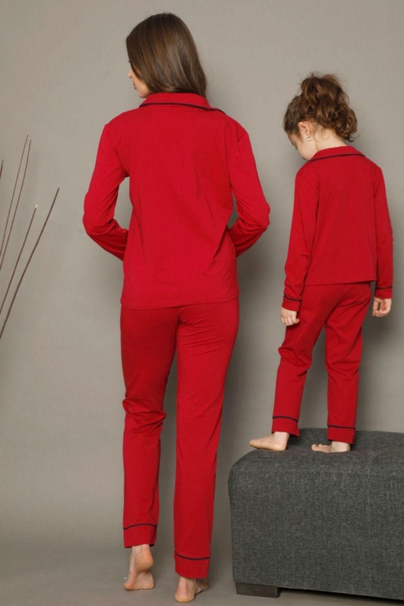 Κοριτσίστικη παιδική χειμωνιάτικη πιτζάμα βαμβακερή με κουμπάκια κόκκινη