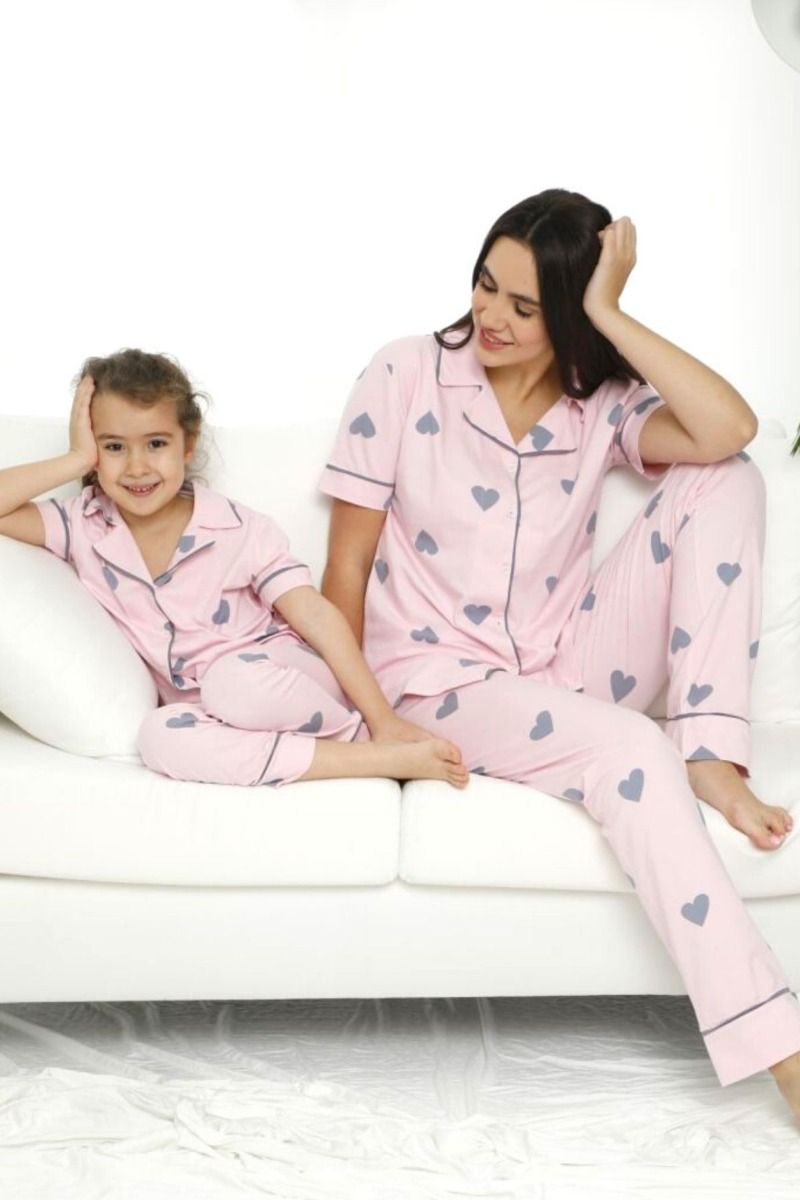 Καλοκαιρινή πιτζάμα μαμά και κόρη με κουμπάκια καρδούλες ροζ