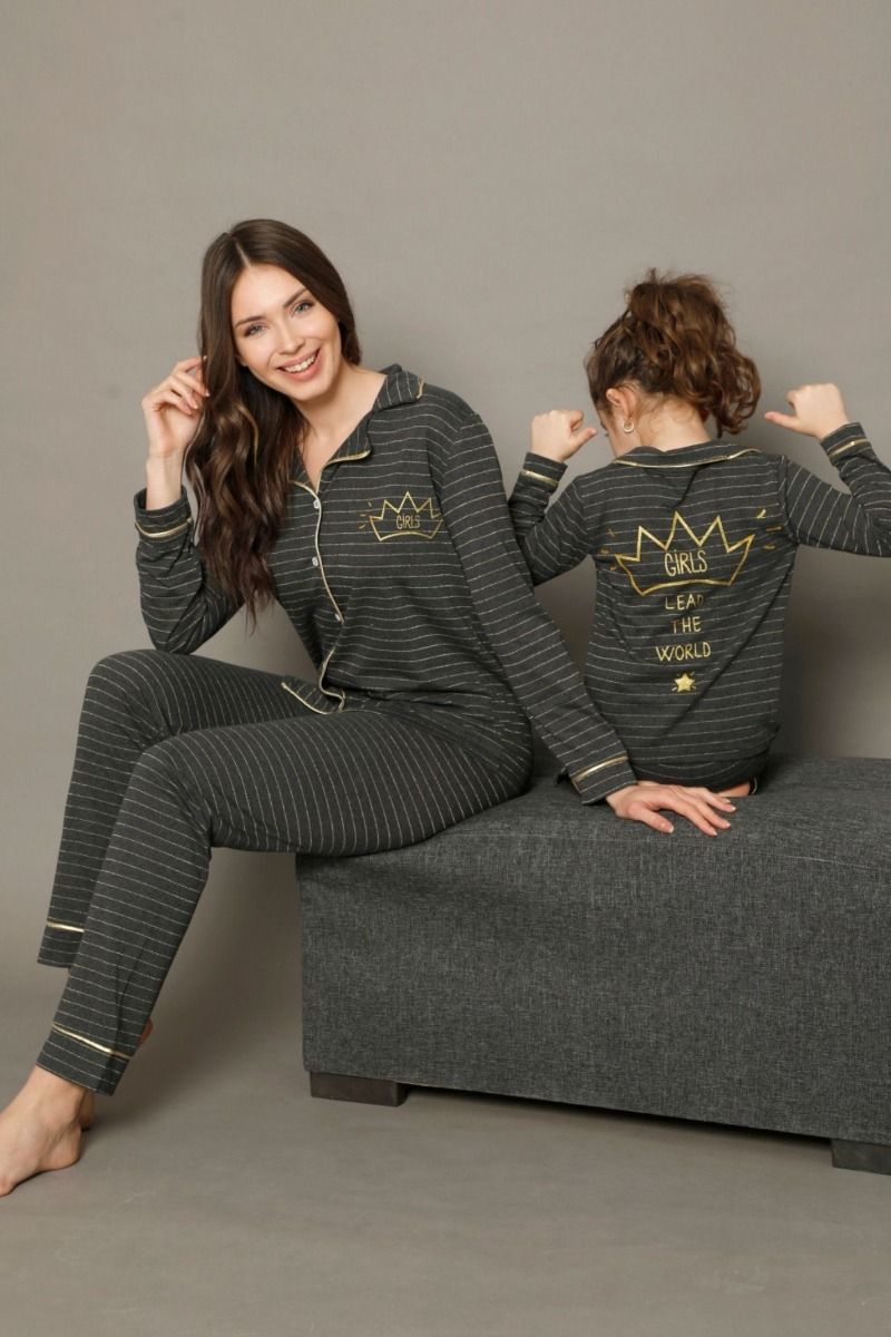 Κοριτσίστικη παιδική χειμωνιάτικη πιτζάμα βαμβακερή κουμπάκια σκούρη γκρι ριγέ