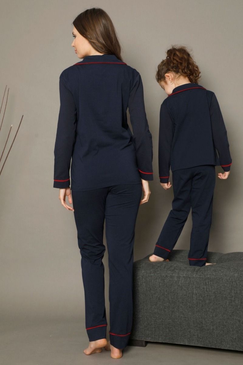 Κοριτσίστικη παιδική χειμωνιάτικη πιτζάμα βαμβακερή με κουμπάκια σκούρη μπλε