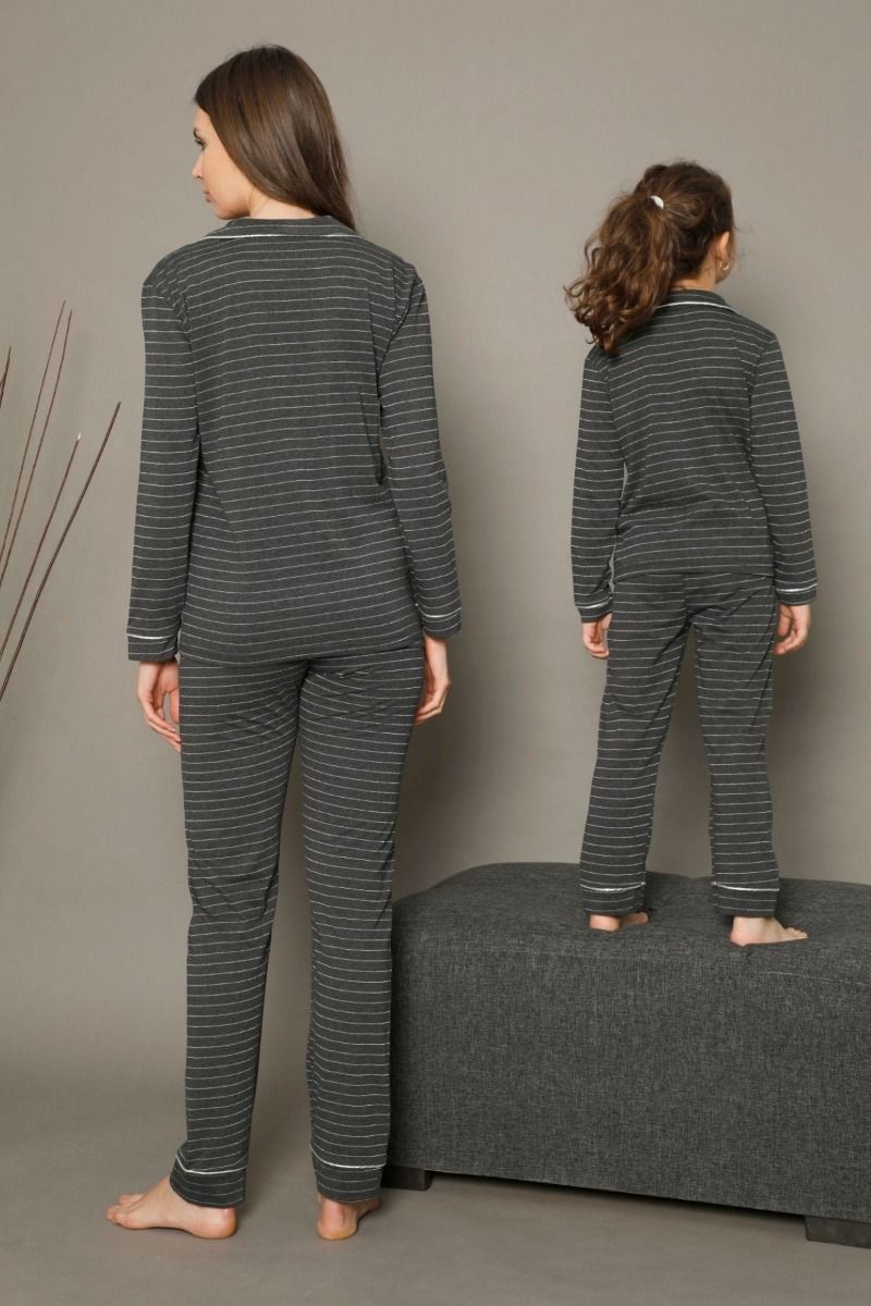 Κοριτσίστικη παιδική χειμωνιάτικη πιτζάμα βαμβακερή με κουμπάκια σκούρη γκρι