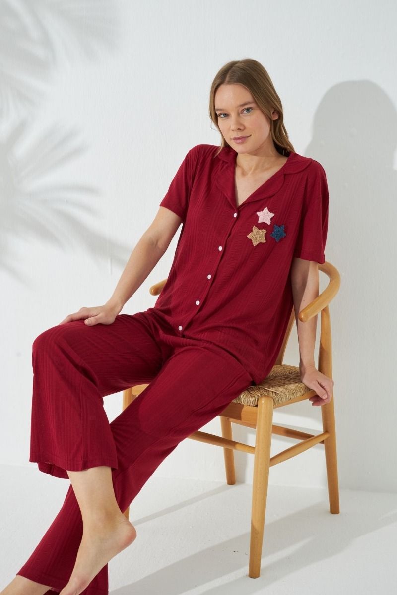 Γυναικεία πιτζάμα μπορντό ριπ ύφασμα κοντομάνικη κουμπιά μπορντό