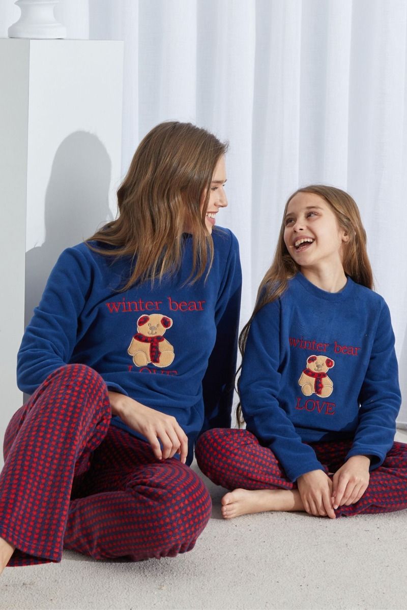 Κοριτσίστικη χειμωνιάτικη πιτζάμα φλις σκούρο μπλε μπορντό καρδούλες