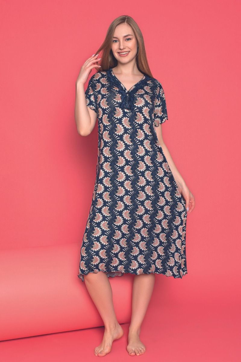 Γυναικείο κοντομάνικο νυχτικό κάτω από το γόνατο σκούρο μπλε