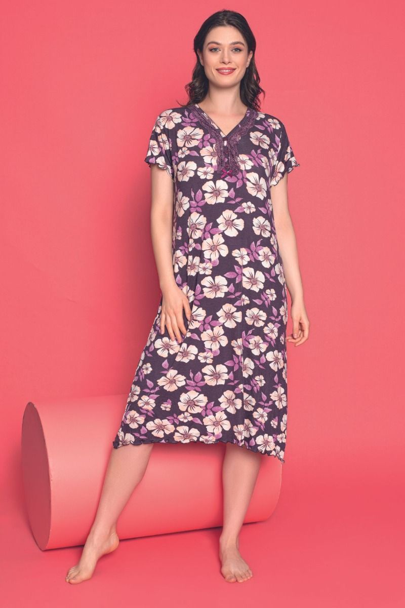 Γυναικείο κοντομάνικο νυχτικό κάτω από το γόνατο μωβ