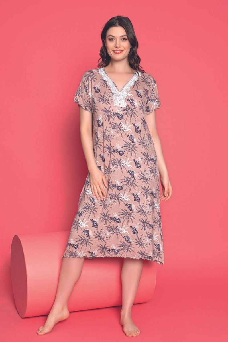 Γυναικείο κοντομάνικο νυχτικό κάτω από το γόνατο λουλουδάτο μπεζ