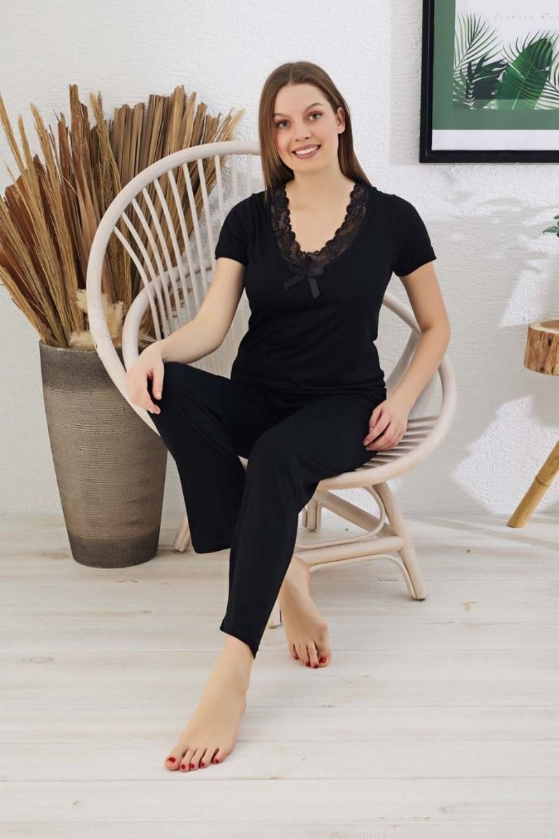 Γυναικεία πιτζάμα βαμβακερή μαύρο χρώμα κοντομάνικη με κουμπάκια