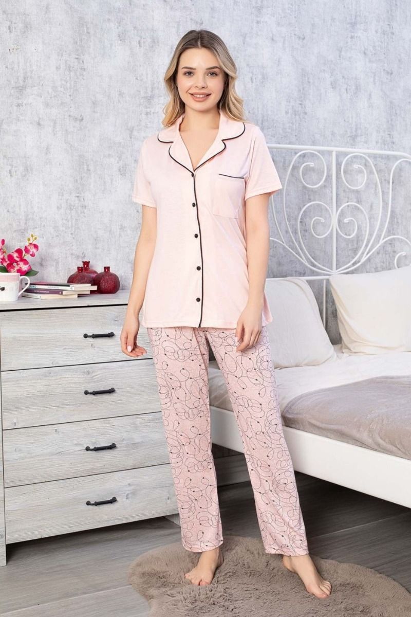 Γυναικεία πιτζάμα με κουμπάκια ροζ χρώμα κοντομάνικη