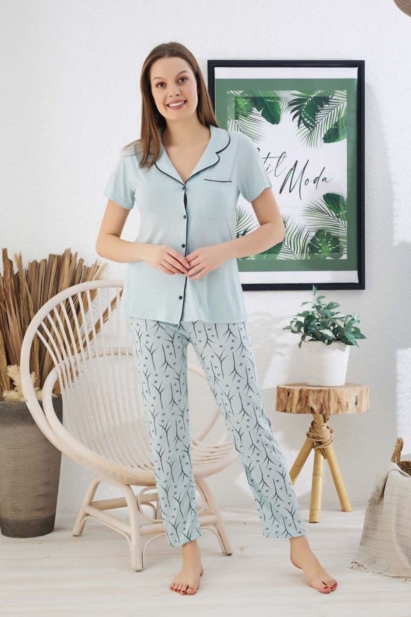 Γυναικεία πιτζάμα καλοκαιρινή κοντομάνικη γαλάζια με κουμπάκια πουκάμισο