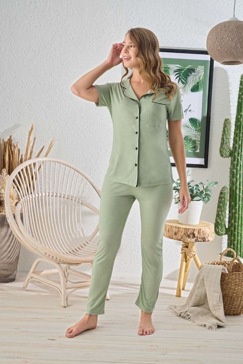 Γυναικεία πιτζάμα βαμβακερή με κουμπάκια πουκαμισο φιστικί